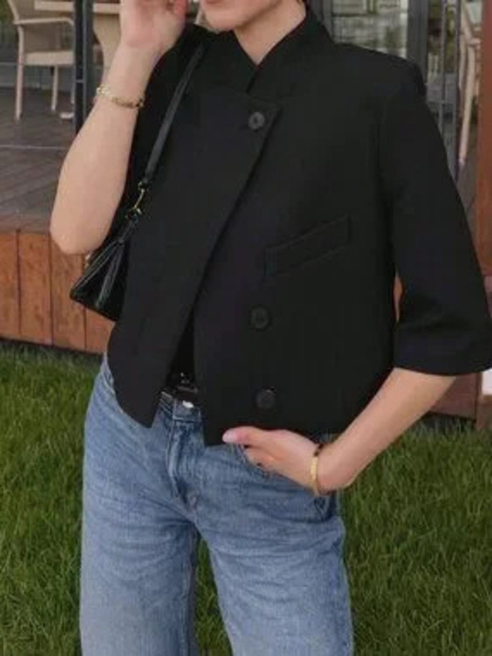 Black Casual Women's Minimalist Versatile Short Sleeve Cropped Blazer